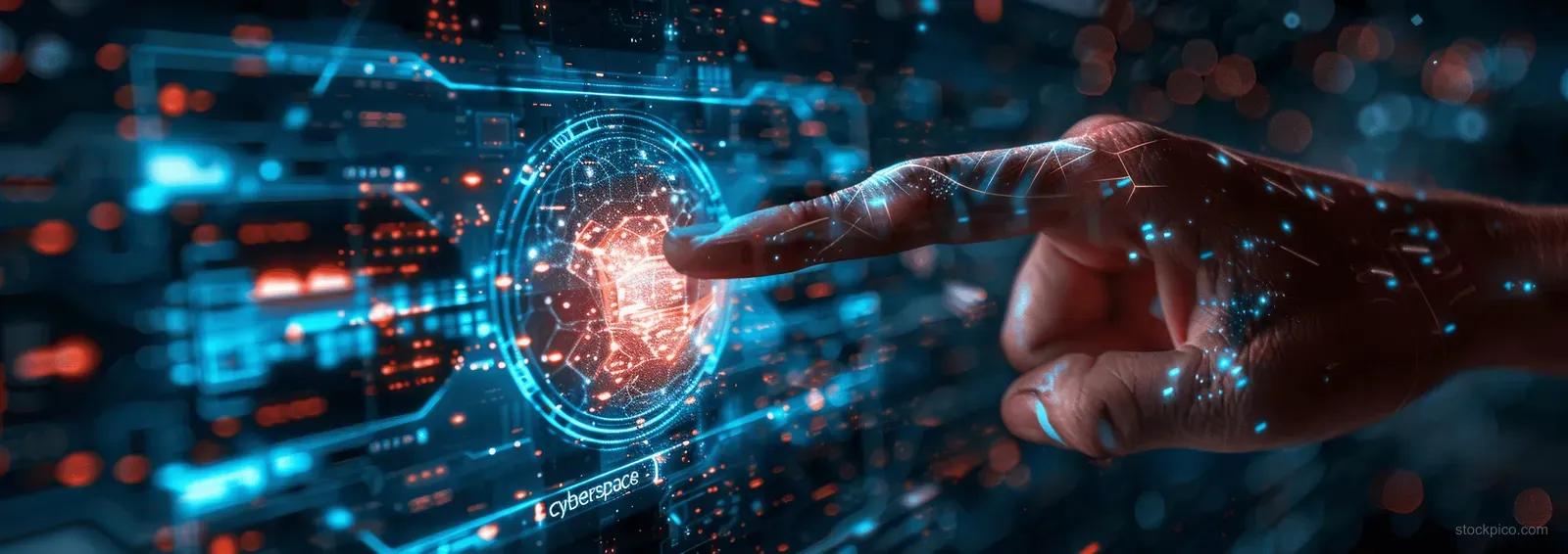 A young businesswoman typing on a laptop with a lock overlay and glowing cybersecurity network imagery behind.