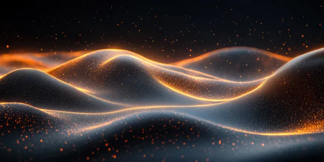 Gold wave lines flowing across black background with glowing particles and smooth gradients
