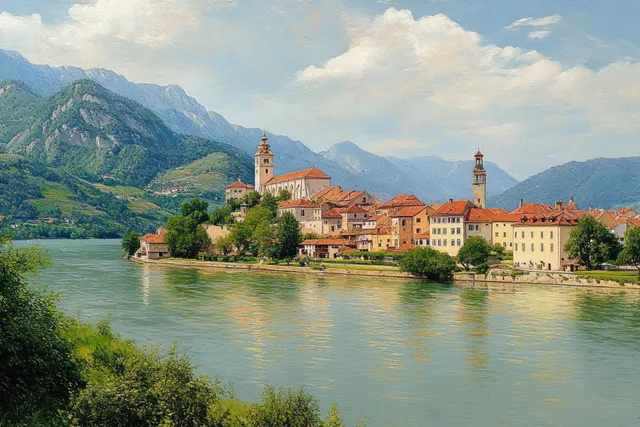 Historic riverside town with red roofs beneath green mountains