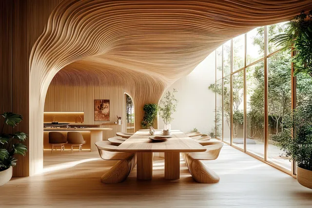 Minimalist dining room with curved wooden arch ceiling, light wood table, and sunlit large windows.