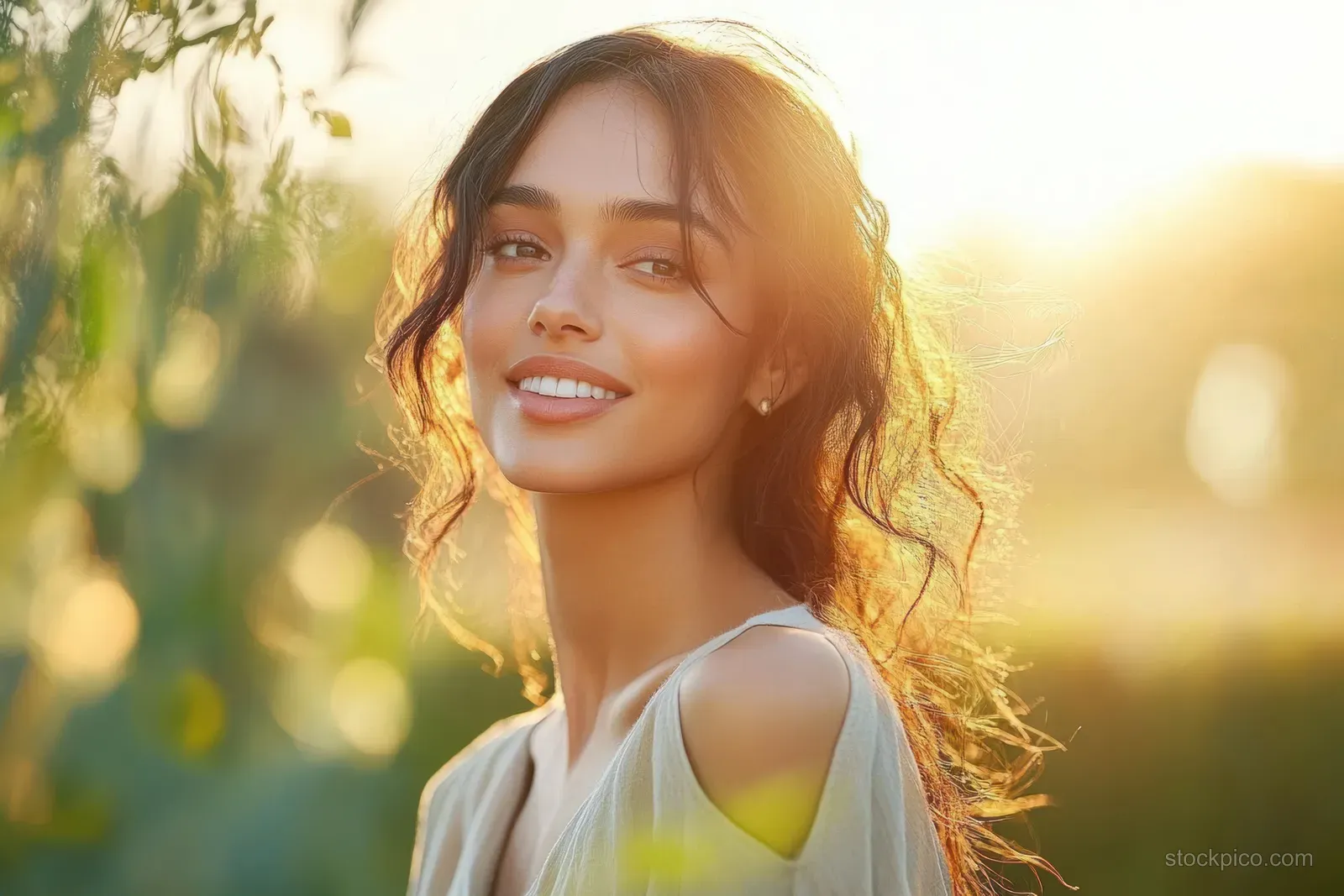 Smiling woman in a garden at sunset with sunlit hair and warm lens flare behind her.