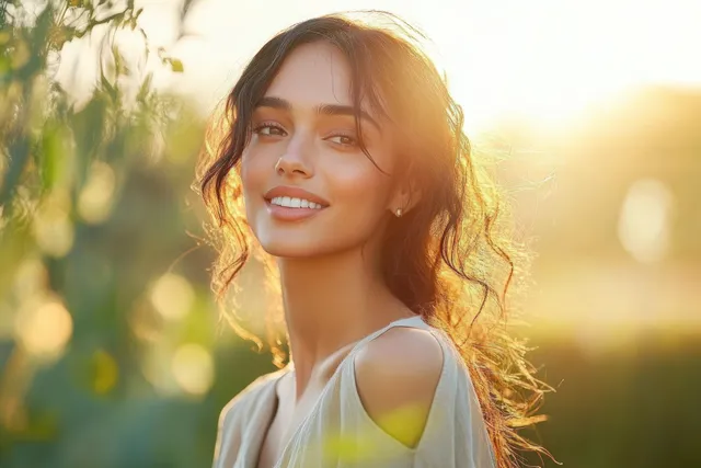 Smiling woman enjoys golden-hour garden light, turning toward sunset with warm lens flare