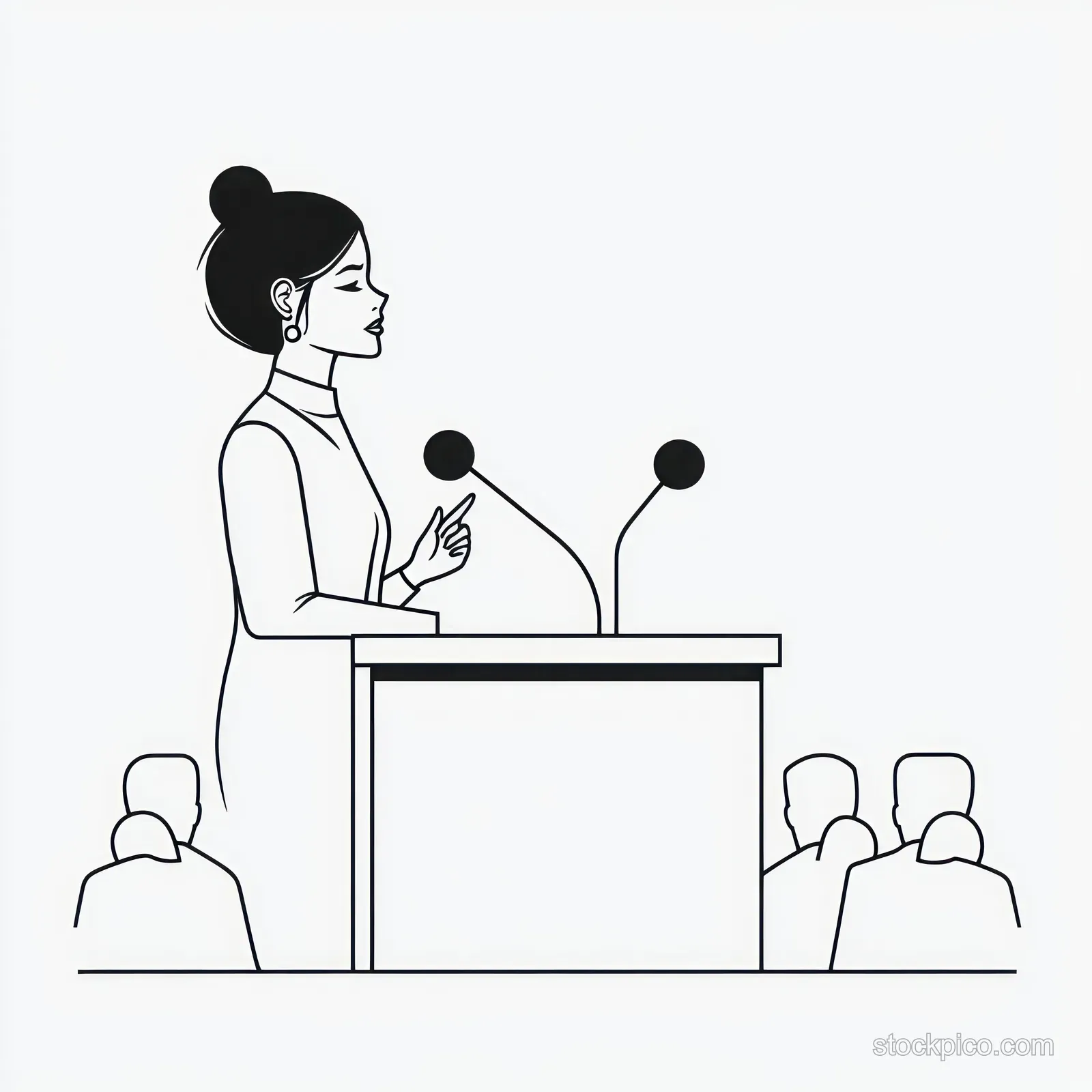 A woman stands at a podium with microphones as audience members sit facing her.