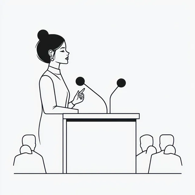 A woman stands at a podium with microphones as audience members sit facing her.