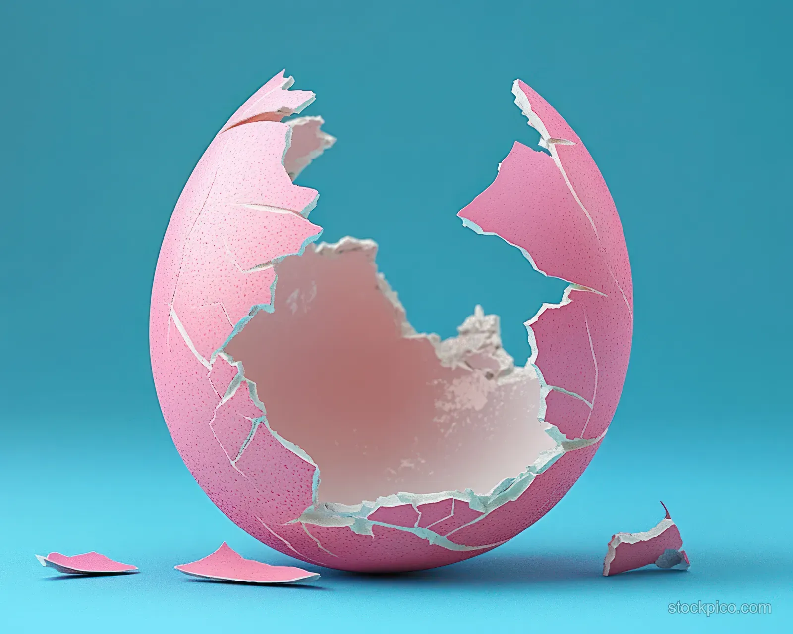 Cracked pink eggshell fragments scattered on a blue background in a close-up view of shell texture.