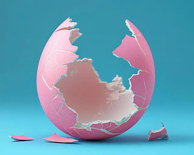 Cracked pink eggshell fragments scattered on a blue background in a close-up view of shell texture.