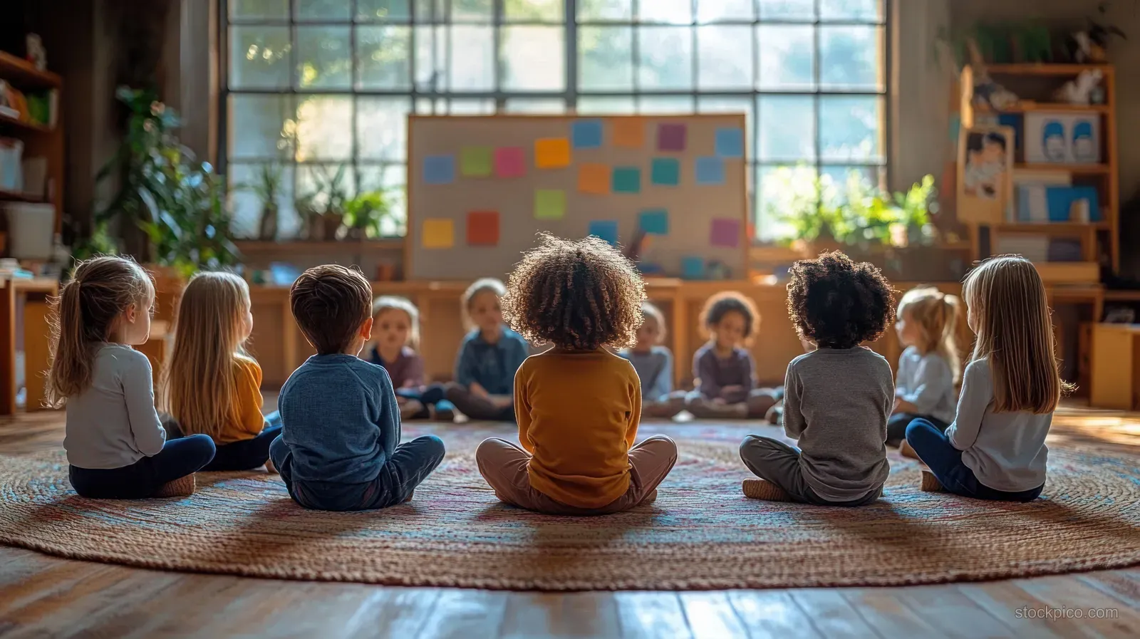 Preschool children sit on a woven rug in a sunlit classroom during circle-time with a colorful board in the background.
