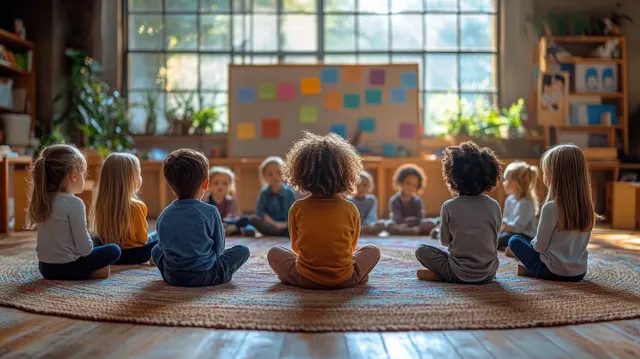 Preschool children sit on a woven rug in a sunlit classroom during circle-time with a colorful board in the background.