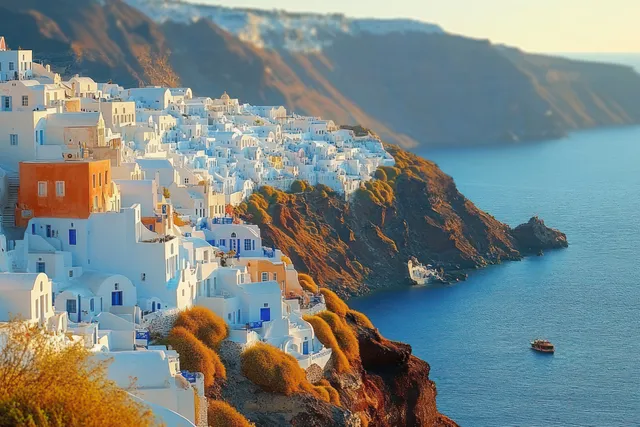 Whitewashed buildings on a cliff overlook a calm blue sea with a small boat in the distance.