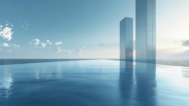 Futuristic glass facade reflecting water and sky above a concrete floor courtyard