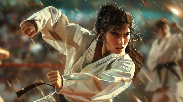 Iranian female karate fighter raises a fist for kumite while spectators blur behind her in a competition arena.