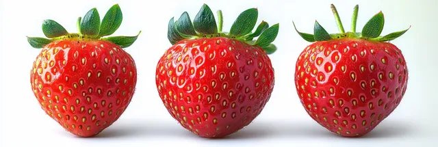 Three ripe strawberries with green leaves placed on a clean white background.