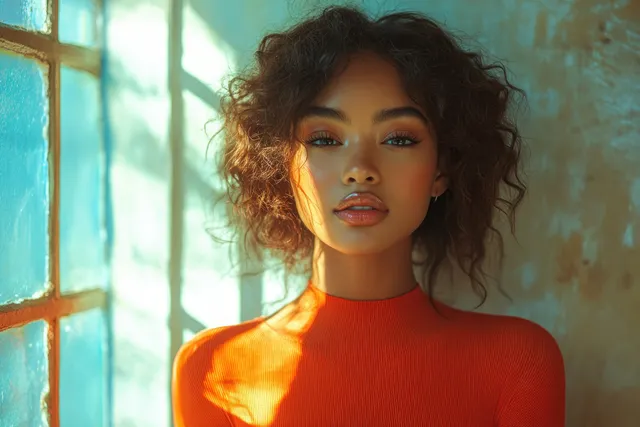 A woman in a red top dances in a studio, lit by bright window light.