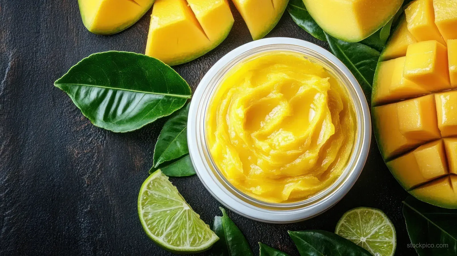 A bowl of creamy yellow mango puree with diced mango, lime slices, and green leaves on a dark background.