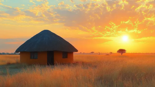 A round thatched hut sits in a golden field as the sun sets behind scattered clouds.