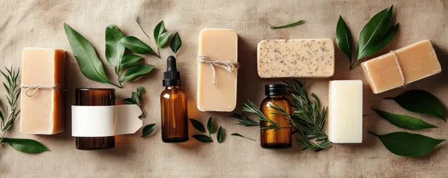 Handmade soap bars and amber skincare bottles arranged on linen with green leaves around them.