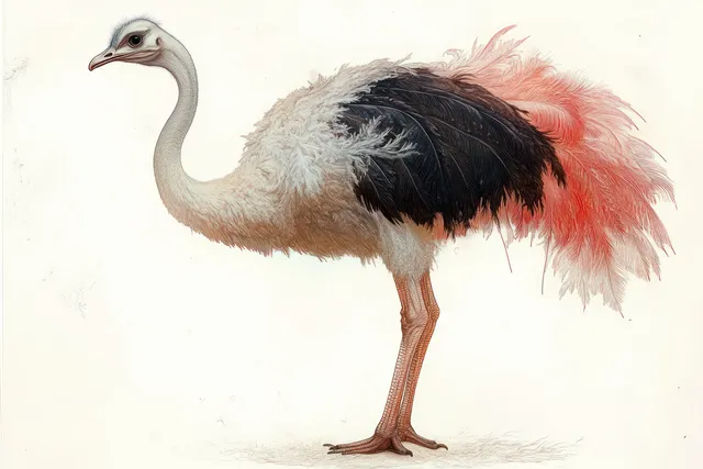 A long-necked large bird illustration stands calmly on a light background with white, black, and reddish-pink tail feathers.