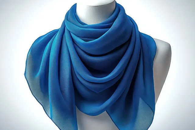 Soft blue silk scarf draped over white mannequin torso with smooth layered folds