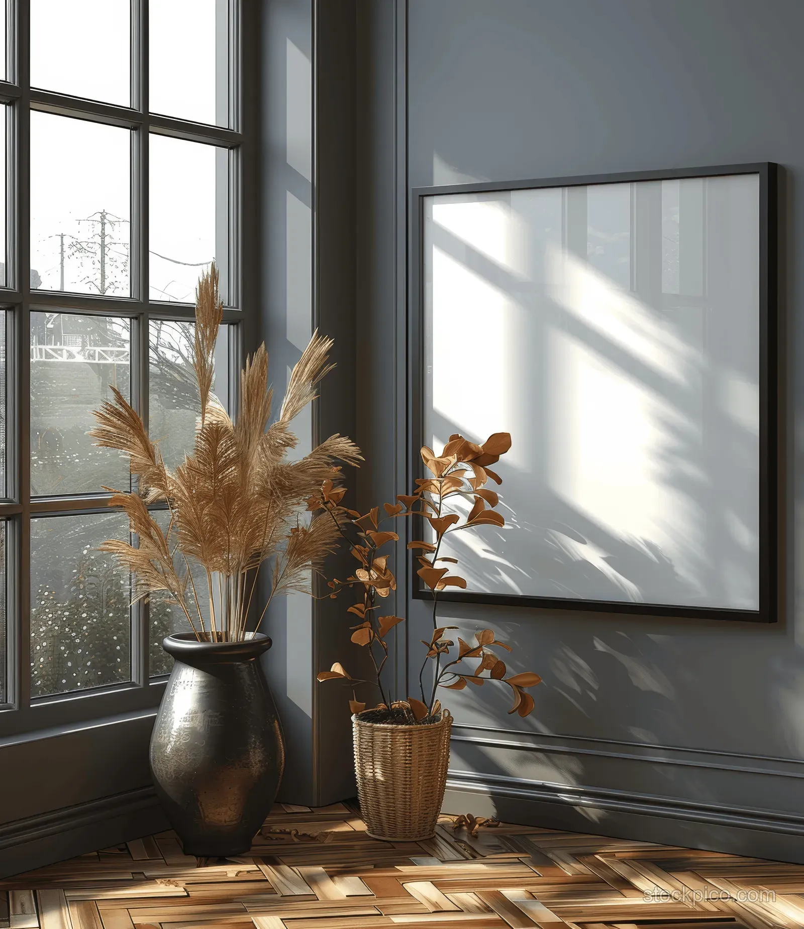 Empty black A4 frame mockup leaning on parquet floor beside a sunlit window and decorative vases.
