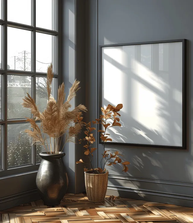 Empty black A4 frame mockup leaning on parquet floor beside a sunlit window and decorative vases.
