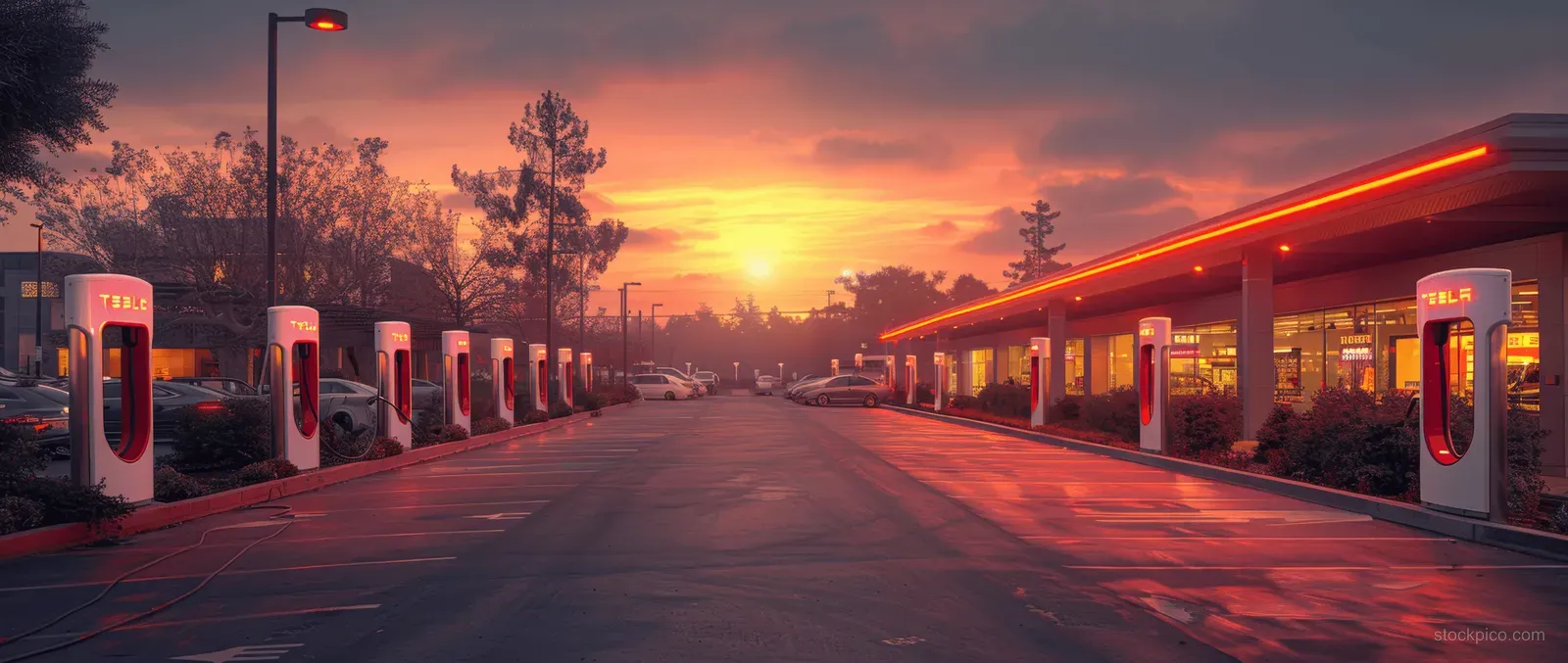 A row of electric vehicle charging stations with glowing lights lines a parking lot at sunset.