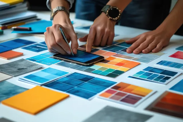 Two people collaborate on a tablet color palette while comparing printed swatches on a desk.