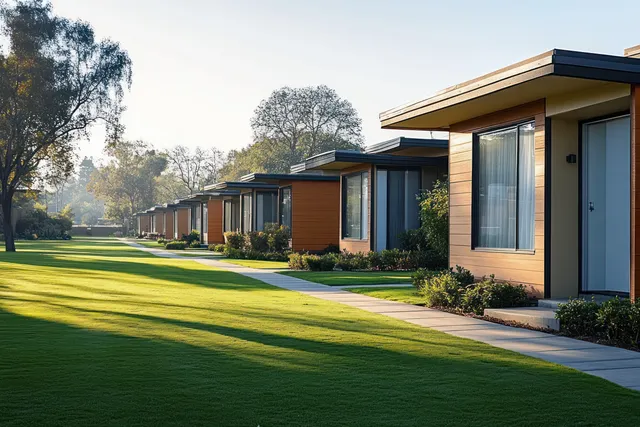 Modern Single-Story Homes Row with Large Windows and Sunny Front Gardens