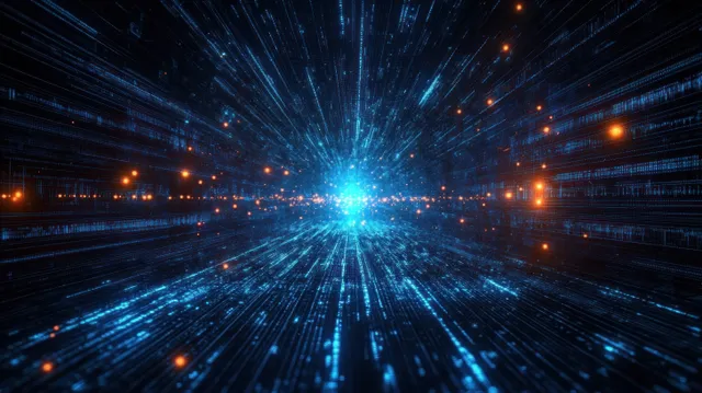 Futuristic blue data streams converge on a glowing center with orange dots and streaking light trails.