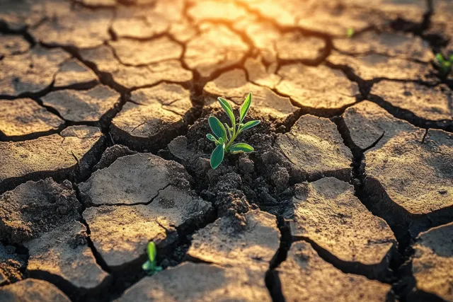 Green sprouts grow from cracked dry earth under warm sunlight.