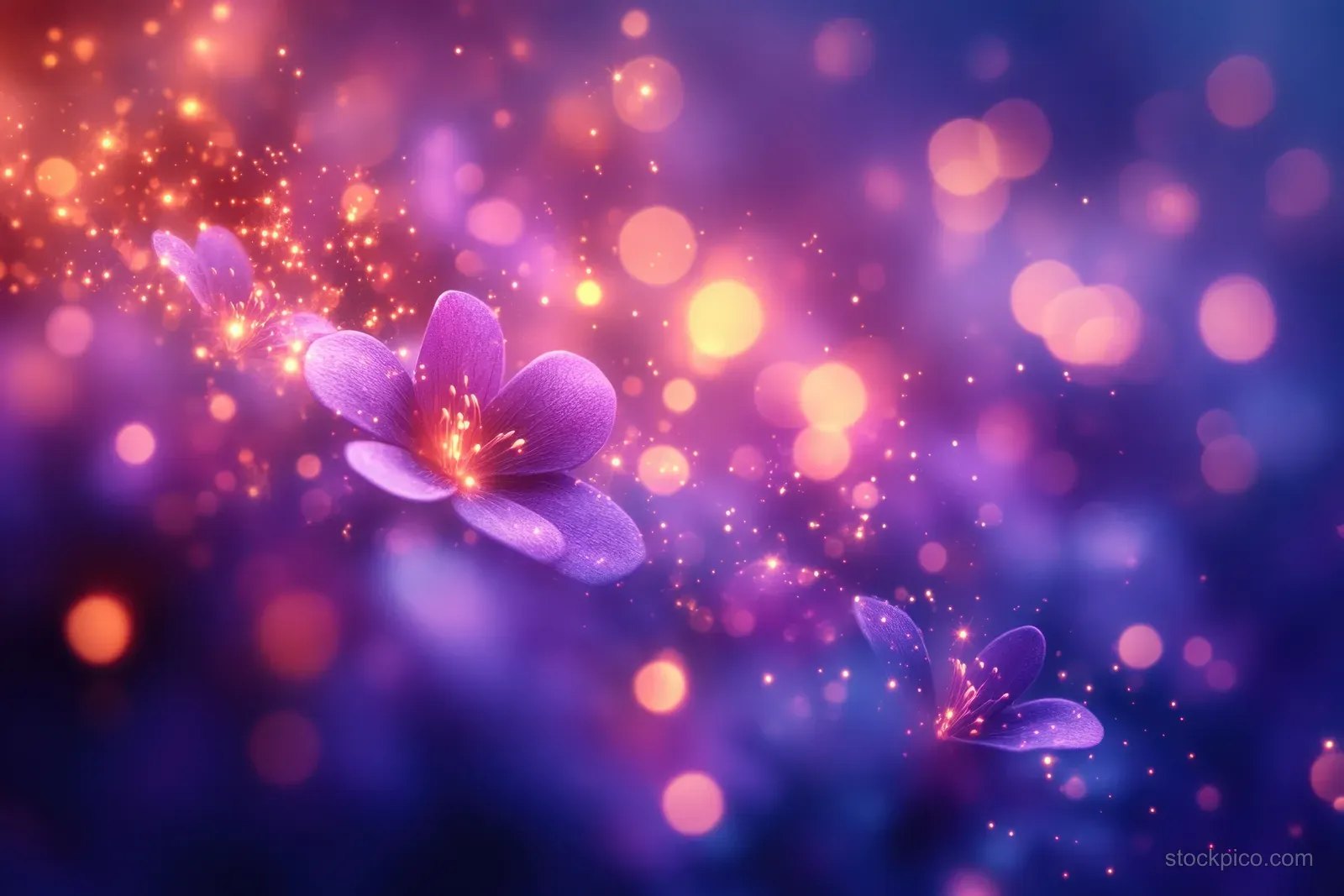 A purple flower silhouette glows through warm gold and purple bokeh lights with soft light leaks.