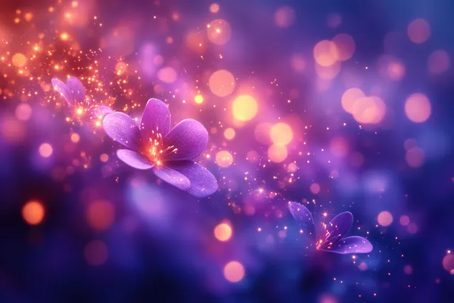 A purple flower silhouette glows through warm gold and purple bokeh lights with soft light leaks.