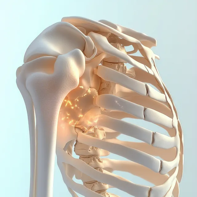 Human shoulder skeleton anatomy with exposed scapula and humerus on soft light backdrop