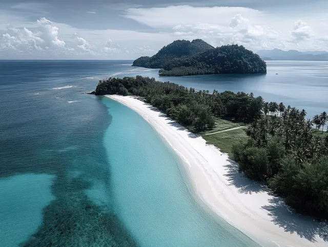 Aerial tropical island coastline with white sand beach and turquoise shallows under partly cloudy sky