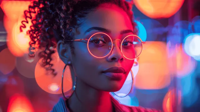 Black female programmer wearing red glasses at laptop in neon cyberpunk club