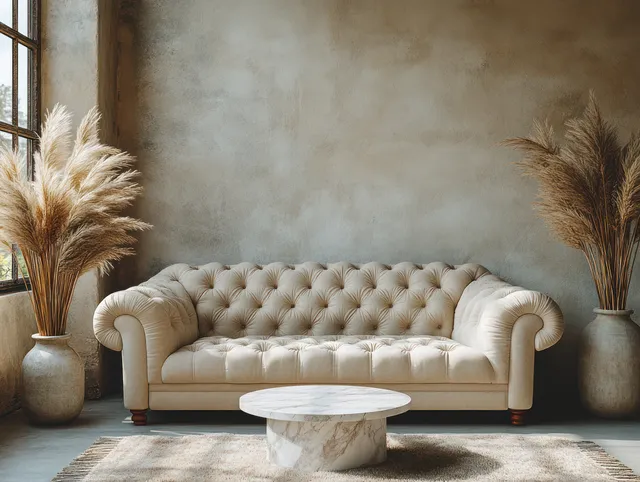 Cream tufted sofa in a minimalist living room with pampas grass vases and a round marble coffee table.