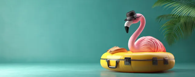 A pink flamingo float with a chic hat sits in a yellow suitcase on a teal background, evoking summer and tropical vibes.