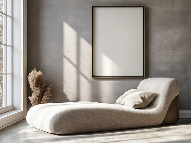 A minimalist chaise lounge by a large window with sharp sunlight shadows on a gray wall and a framed artwork.