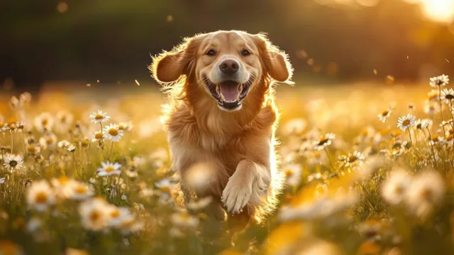 A happy golden retriever runs through a sunlit field of white daisies during golden hour.