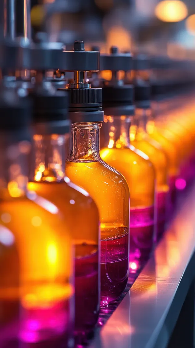 Glass bottles on an automated production line fill with amber and purple liquid under bright factory lighting.