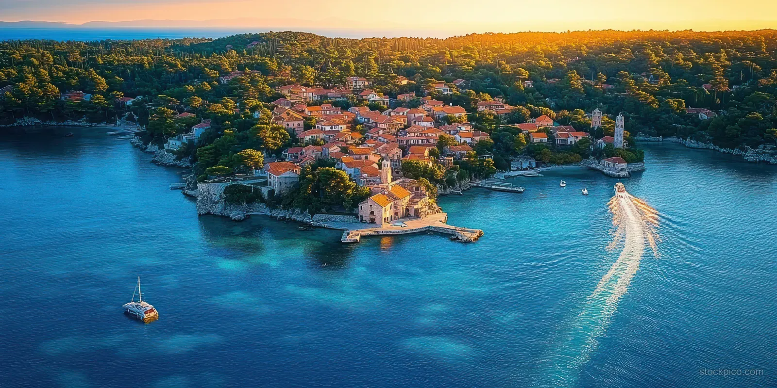 Aerial view of Rovinj at sunset with colorful buildings and boats along a curved harbor bay.
