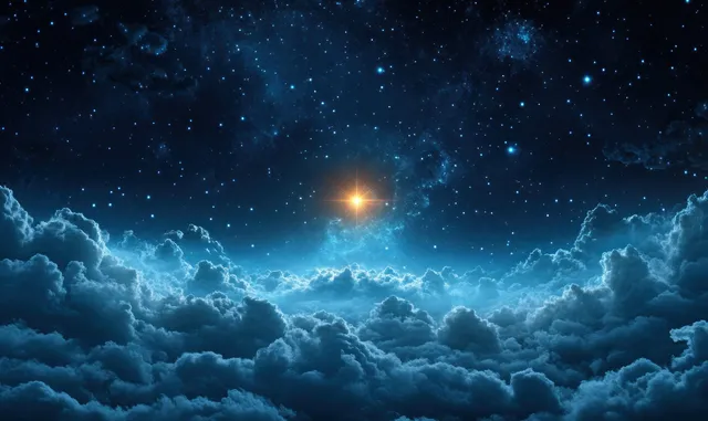 A bright star glows above a dark nativity manger silhouette beneath swirling deep-blue night clouds.