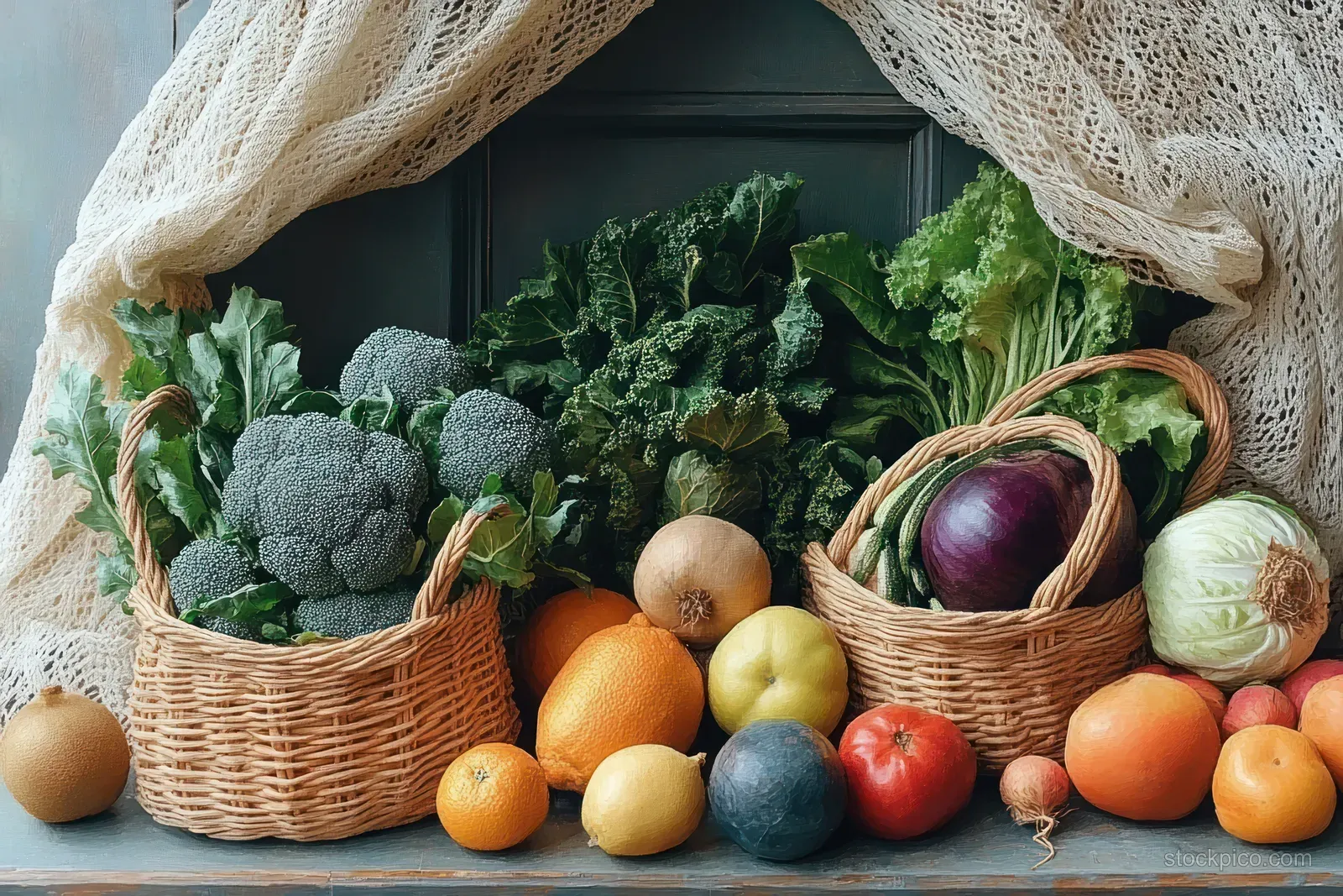 Fresh Vegetables and Fruits in Reusable Tote Bags for Sustainable Grocery Shopping