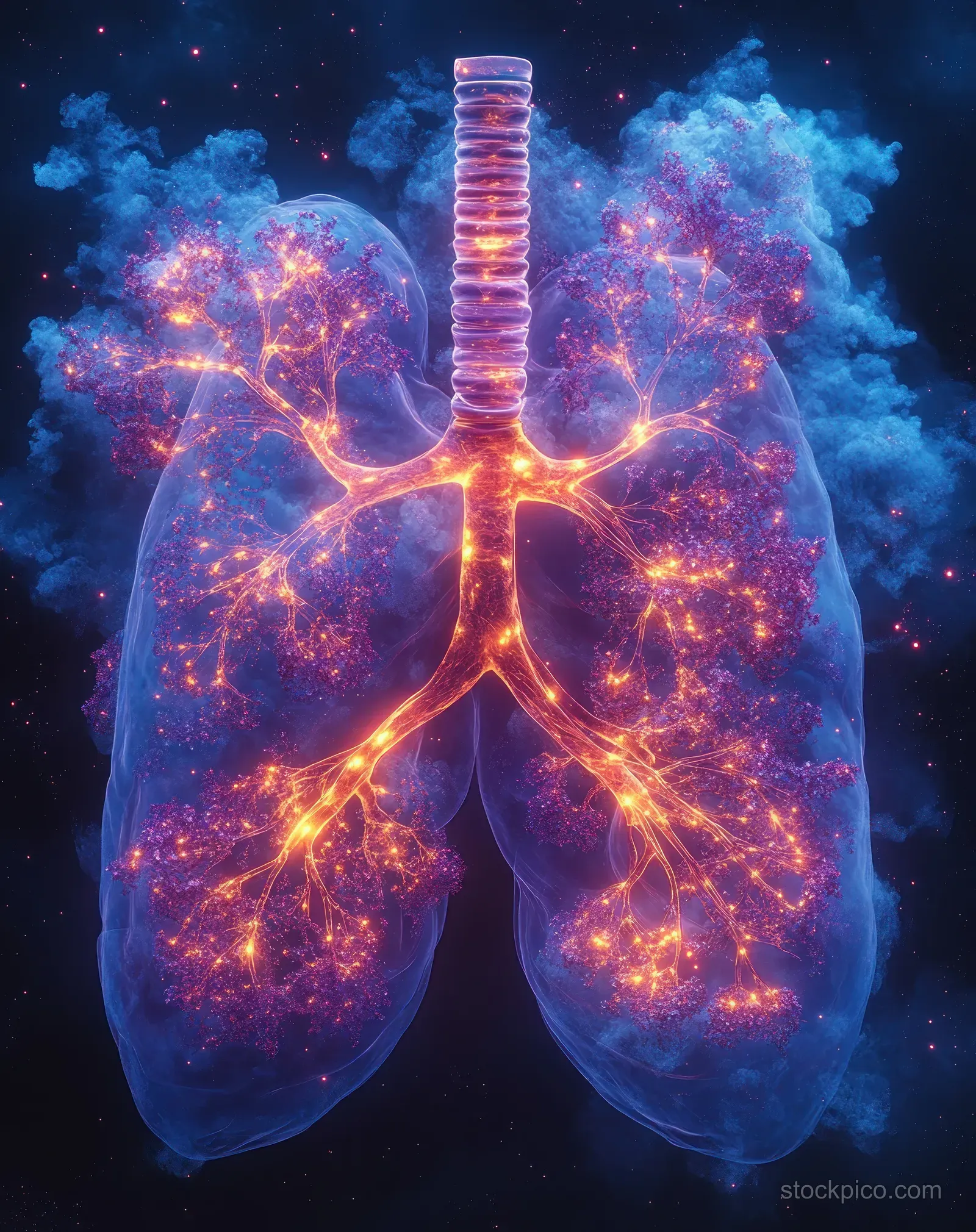 Neon glowing larynx and branching bronchi inside translucent lungs against a dark sci-fi background.