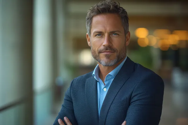 Mature businessman smiles with arms crossed in a modern office while looking at the camera.