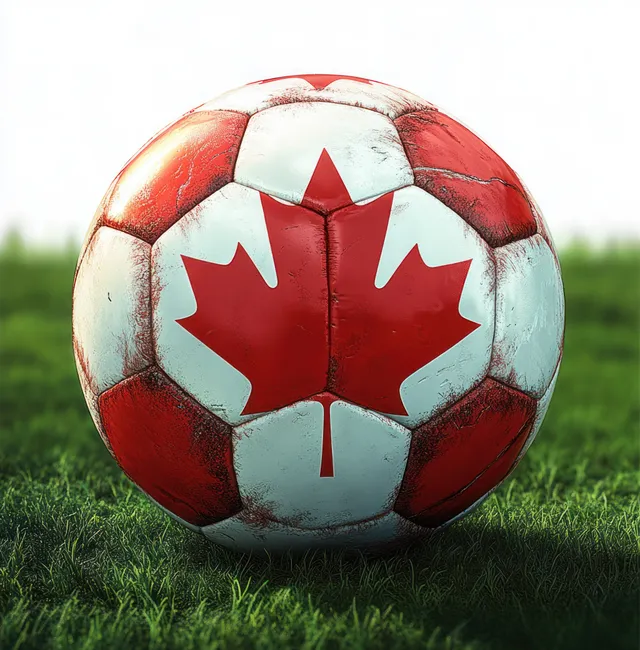 Canada flag soccer ball resting on green grass with sharp studio-like highlights