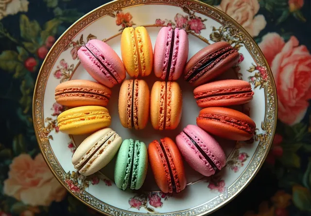 Colorful macarons arranged in a ring on ornate floral china plate with dark floral background.