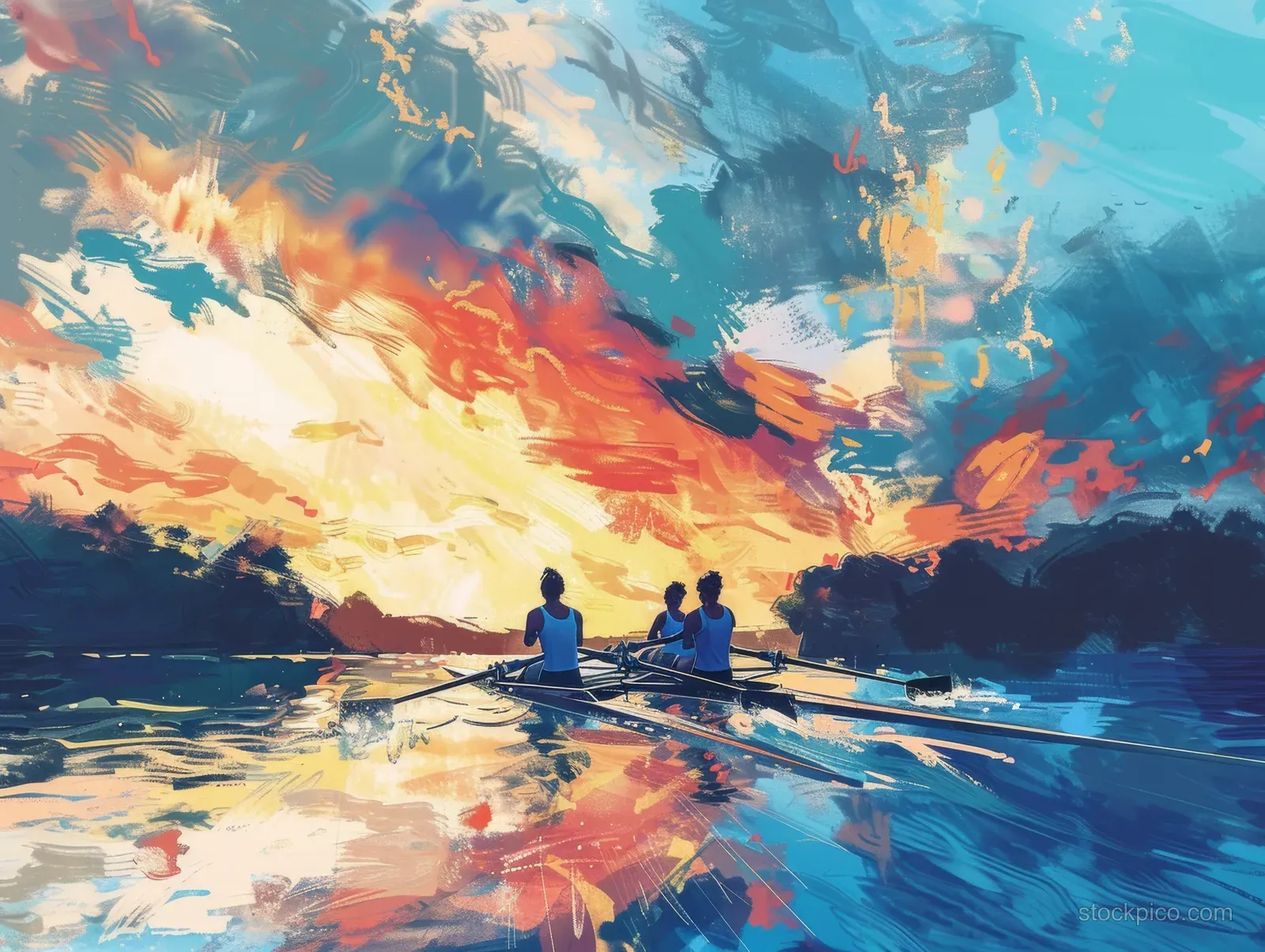 Women in a rowing quadruple sculls boat propel through sunset water, creating bright reflections and a foamy wake.