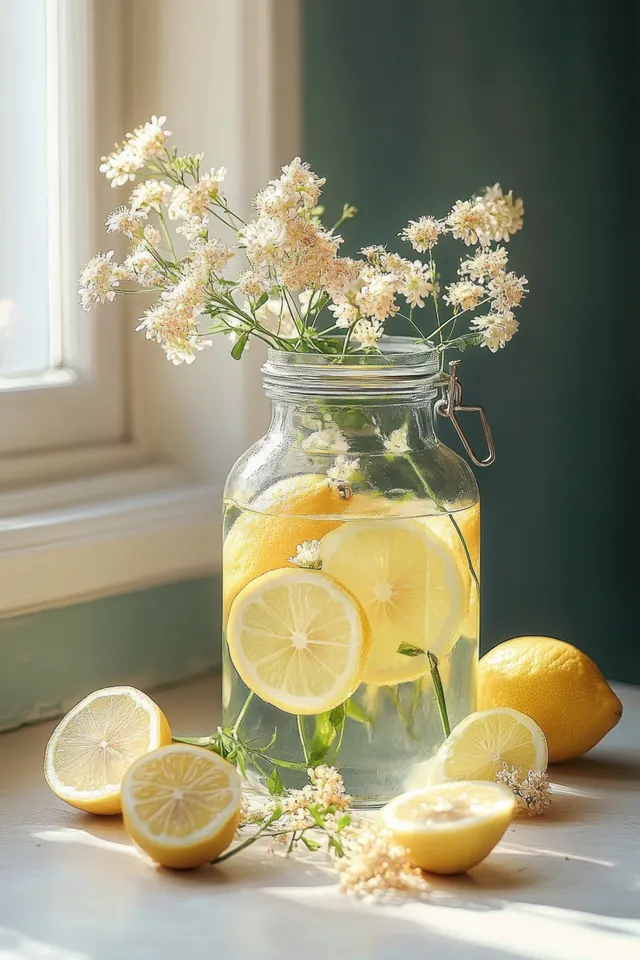 Yellow elderflower lemon syrup in a glass jar beside lemon slices and small elderflower blossoms on a windowsill.