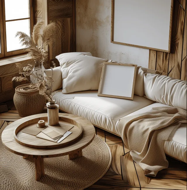 Blank picture frame stands on a wooden coffee table in a boho living room with neutral sofa cushions and wicker decor.