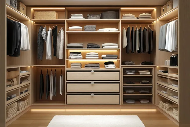 Walk-in closet interior with wooden shelves, hanging clothes, folded garments, drawers, and warm LED lighting.